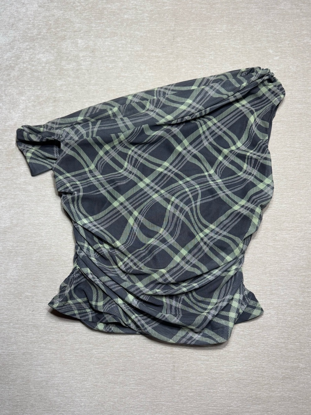 Princess Polly Off-Shoulder Eowyn Charcoal & Sage Mesh Top - Picture 2 of 6